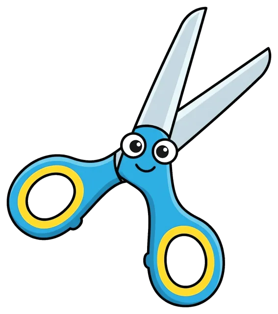 Blue and yellow scissors with smiling face