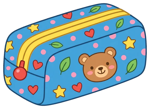 Blue pencil case with bear face and colorful patterns