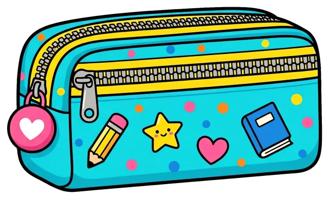 Blue pencil case with colorful polka dots and cute icons