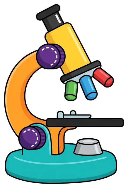 Colorful cartoon microscope icon with rotating lenses