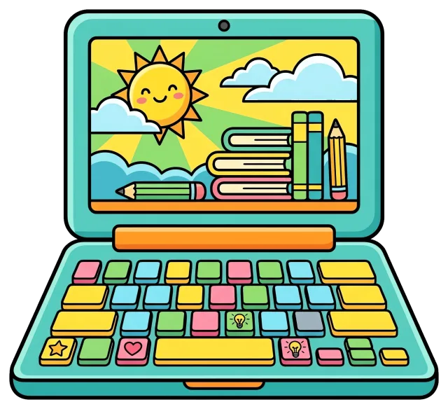 Colorful laptop with books, pencils, and smiling sun on screen