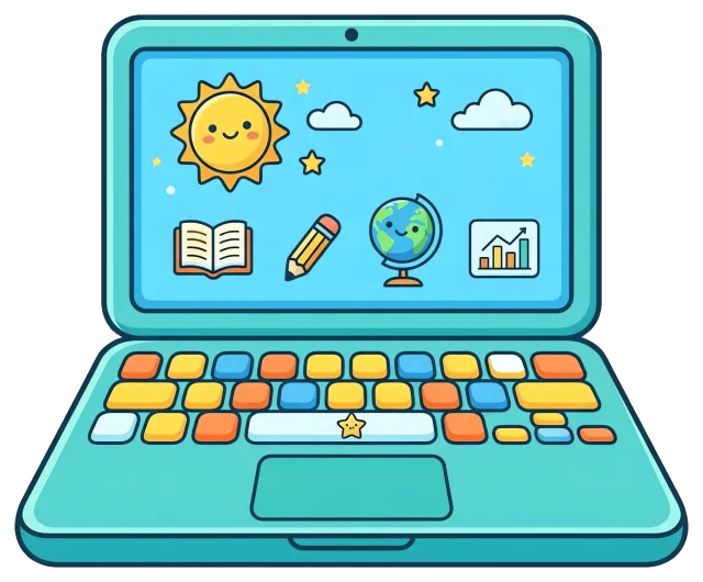 Colorful laptop with educational icons on screen