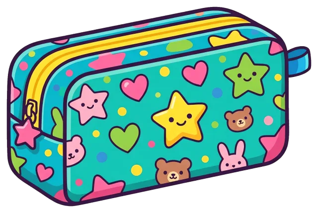 Colorful pencil case with cute star, heart, and animal faces