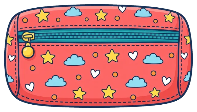 Colorful pencil case with stars, clouds, and hearts pattern