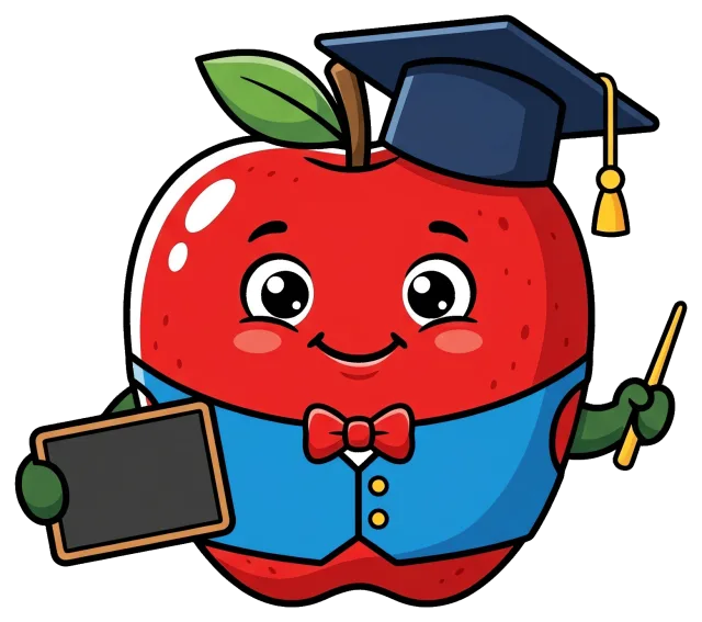 Cute apple character wearing graduation cap holding chalkboard