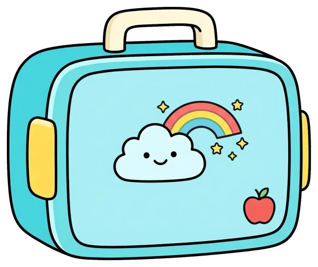 Cute blue lunch box with cloud, rainbow, and apple design