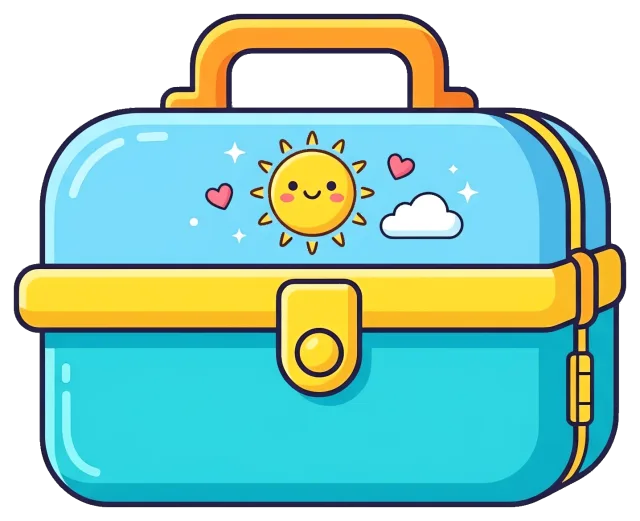 Cute blue lunch box with smiling sun and hearts