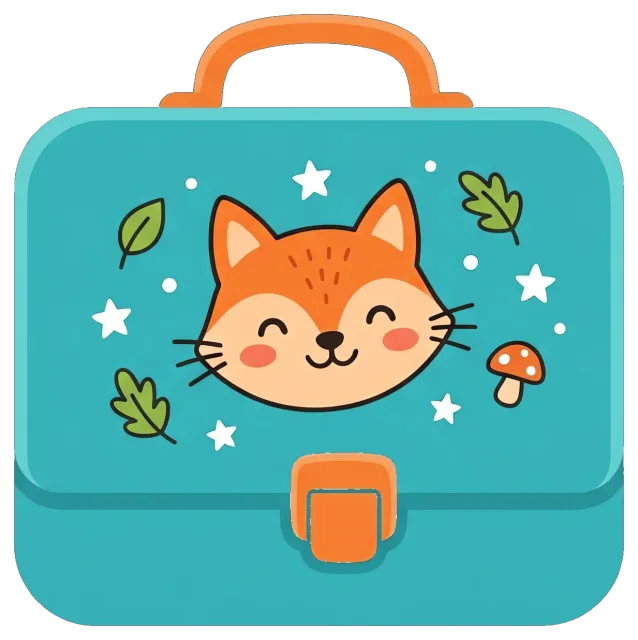 Cute lunch box with smiling fox and nature decorations