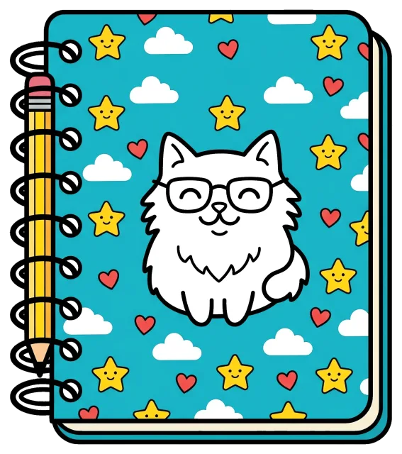 Cute notebook with cat, stars, hearts, and clouds design