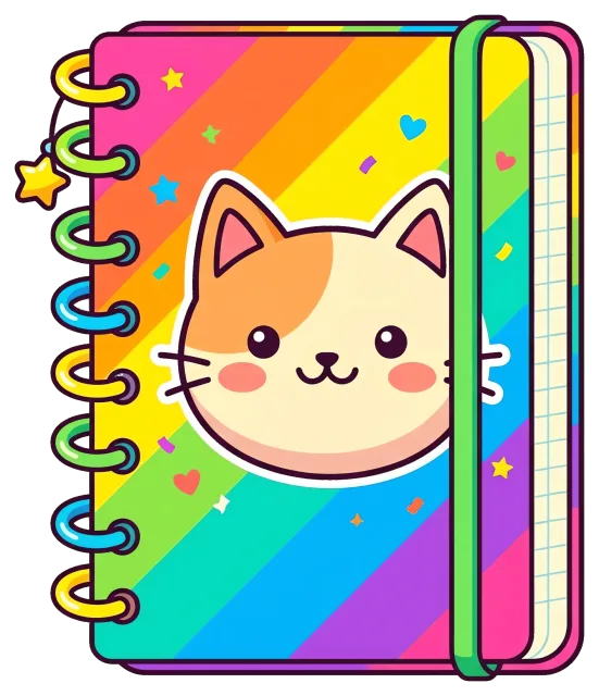 Cute notebook with rainbow stripes and cat face