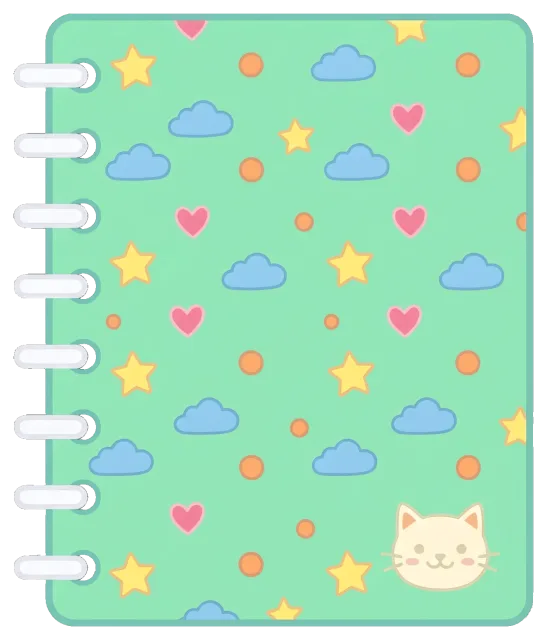 Cute notebook with stars, clouds, hearts, and cat face pattern