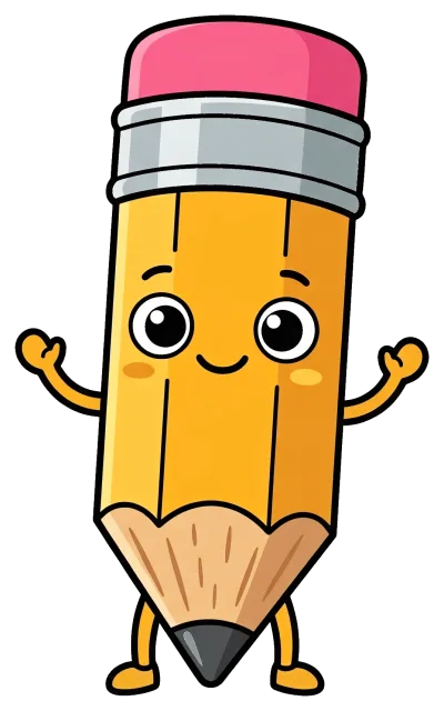 Cute pencil character with smiling face and raised arms