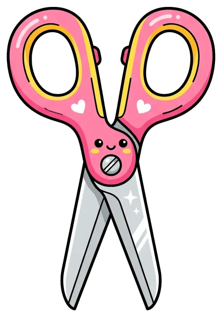 Cute pink handled scissors with smiling face and hearts