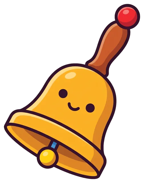 Cute smiling school bell with wooden handle