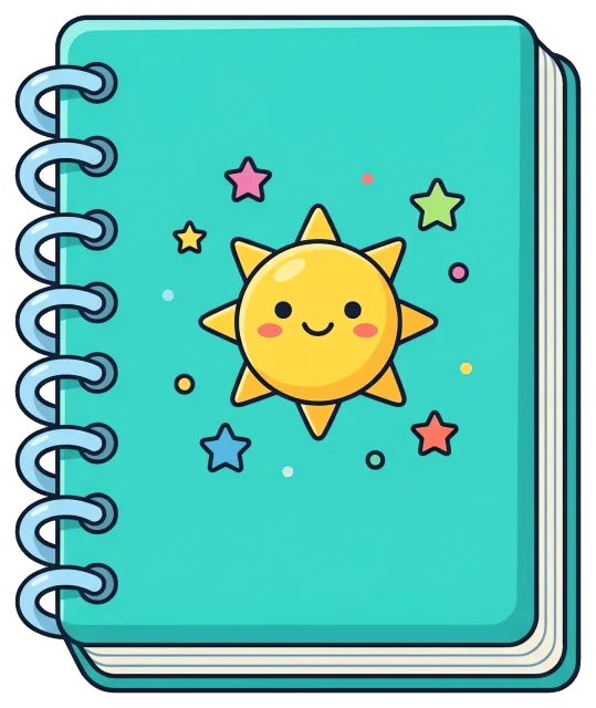 Cute spiral notebook with smiling sun and colorful stars