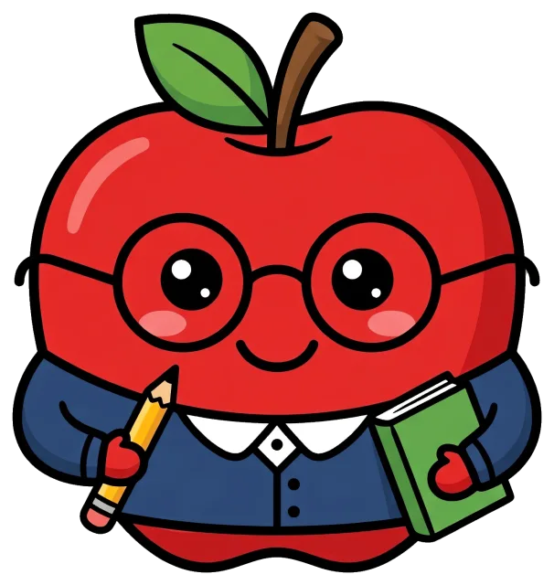 Cute Teacher Apple Character Holding Pencil and Book