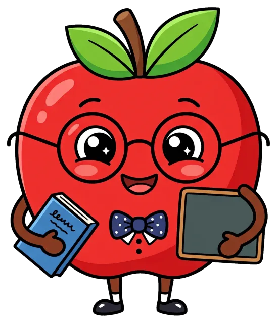 Cute teacher apple character with glasses holding book and chalkboard