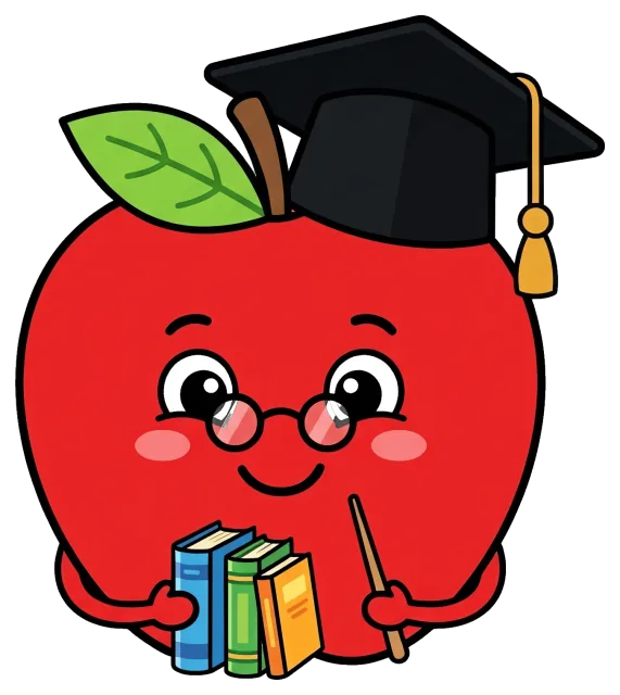 Cute teacher apple with glasses and graduation cap holding books