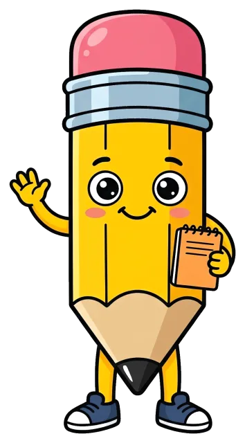 Friendly pencil character waving and holding a notepad