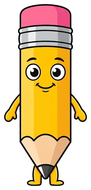 Friendly pencil character with pink eraser on grey background