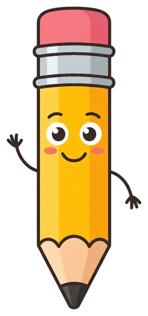 Friendly pencil character with smiling face on grey background