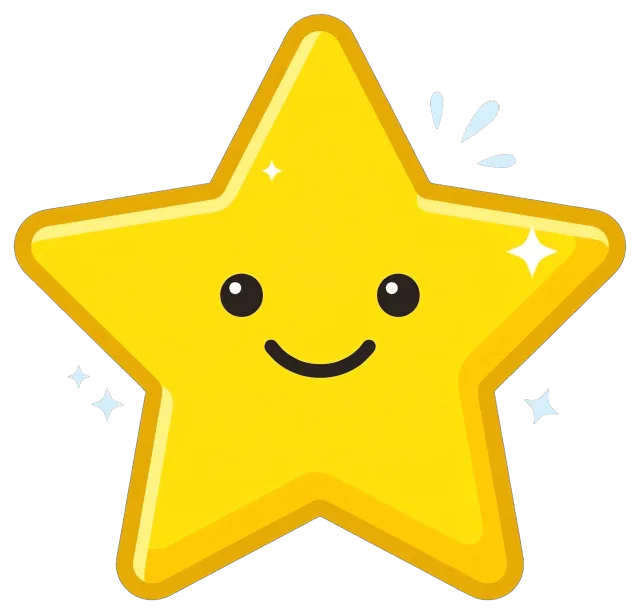 Happy yellow reward star with smiling face and sparkles