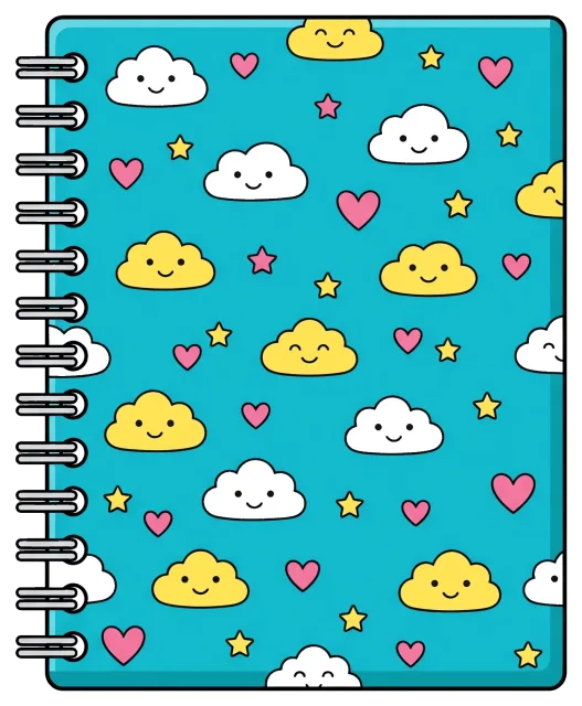 Notebook with smiling clouds, hearts, and stars on blue cover