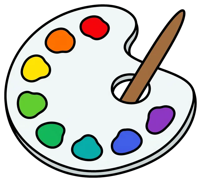 Paint palette with colorful paint blobs and brush