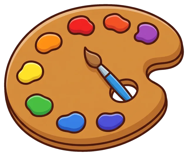 Paint palette with colorful paint blobs and brush