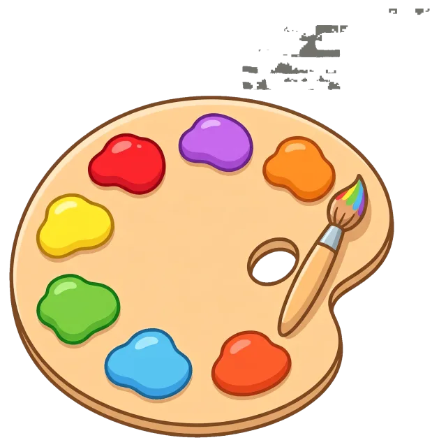 Paint palette with colorful paint blobs and brush