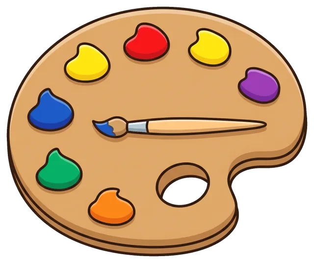 Paint palette with colorful paint blobs and brush