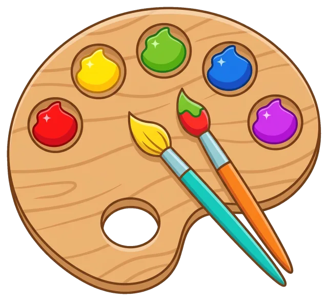 Paint palette with colorful paint blobs and two brushes