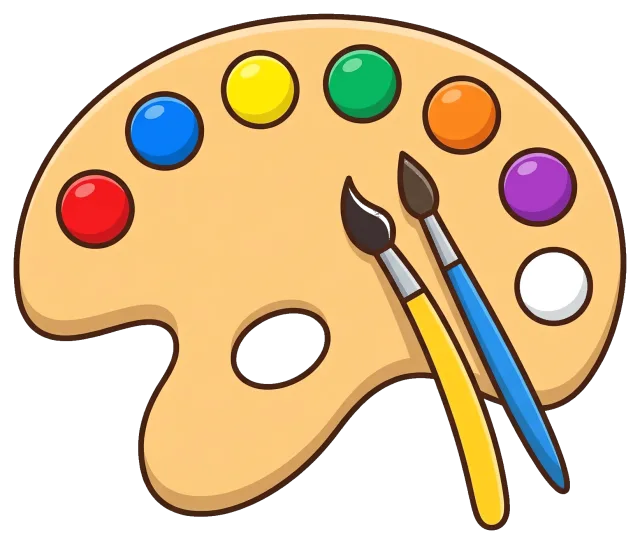 Paint palette with colorful paint spots and two brushes