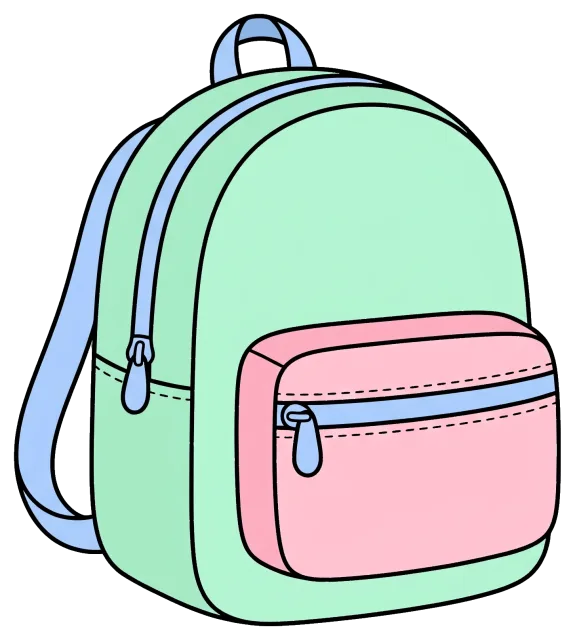 Pastel colored backpack with front pocket and blue straps