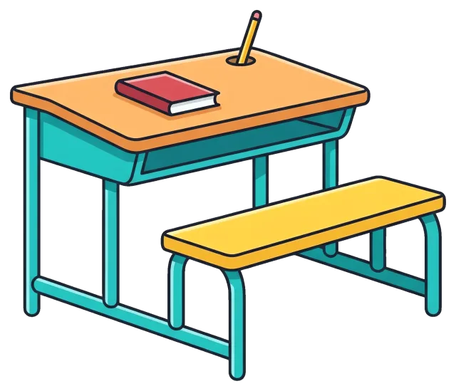 School desk with attached bench, book, and pencil