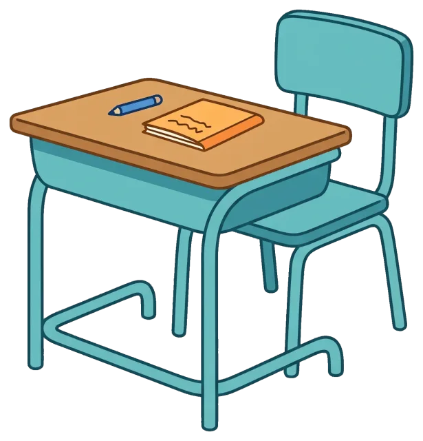 School desk with chair, book, and pencil