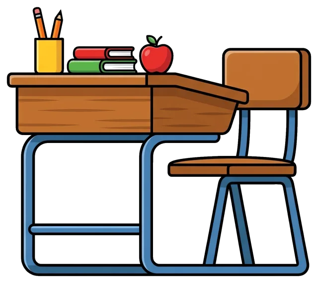 School desk with chair, books, apple, and pencils