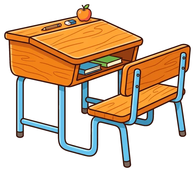 School desk with chair, books, pencil, eraser, and apple
