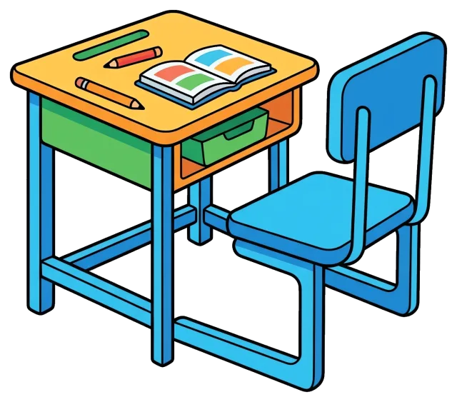 School desk with chair, open book, and pencils