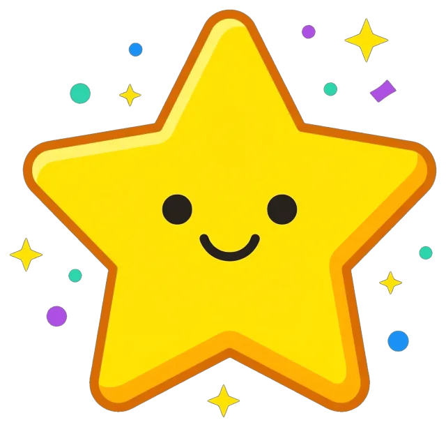 Smiling yellow reward star with colorful sparkles