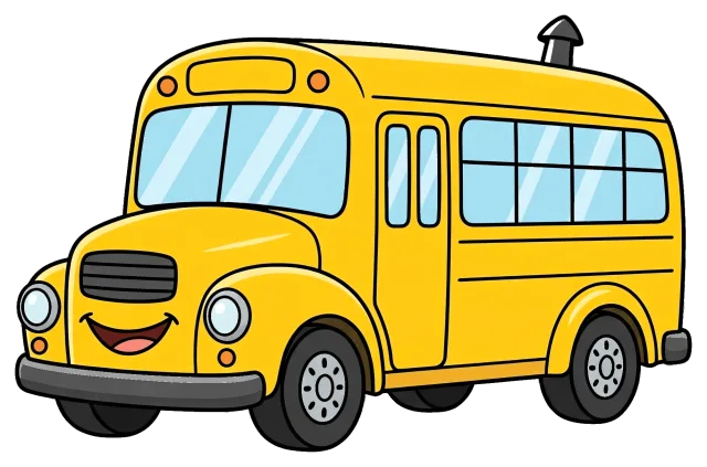 Smiling yellow school bus with large windows