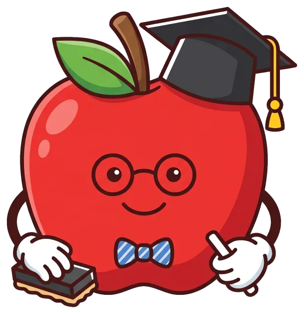 Teacher apple character with glasses and graduation cap