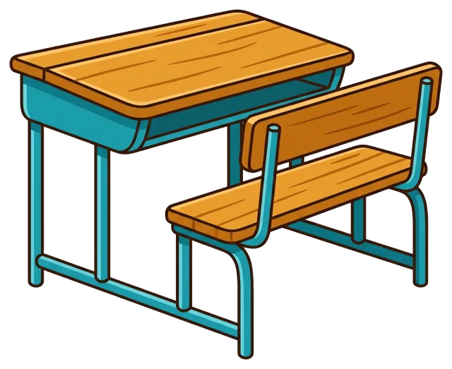 Wooden school desk with attached bench and metal frame