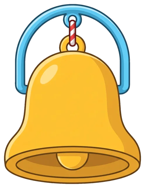 Yellow school bell with blue handle and red striped rope
