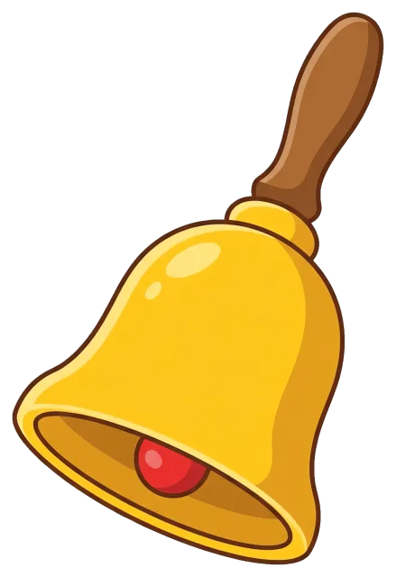 Yellow school bell with wooden handle on grey background