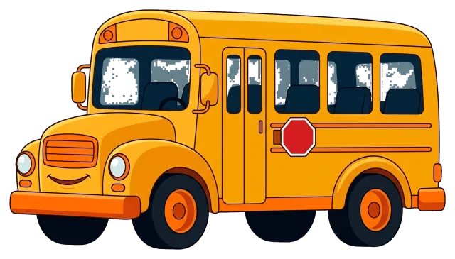 Yellow school bus with smiling face and stop sign