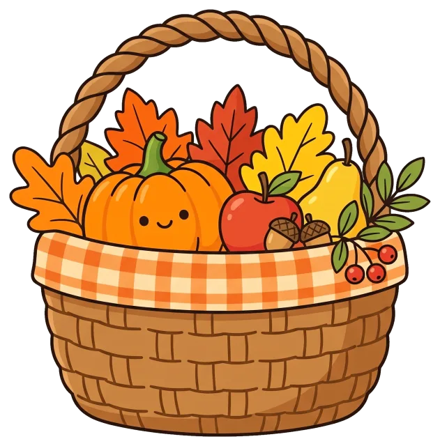 Autumn basket with pumpkin, apple, pear, leaves, and acorns