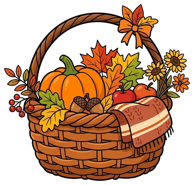Autumn basket with pumpkin, apples, leaves, and flowers