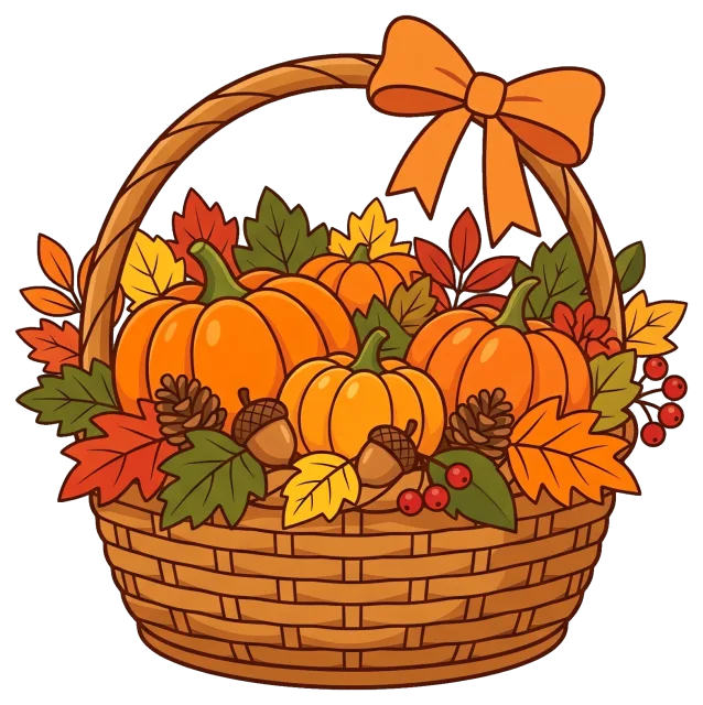 Autumn basket with pumpkins, leaves, and acorns