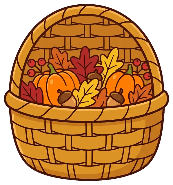 Autumn basket with pumpkins, leaves, and acorns